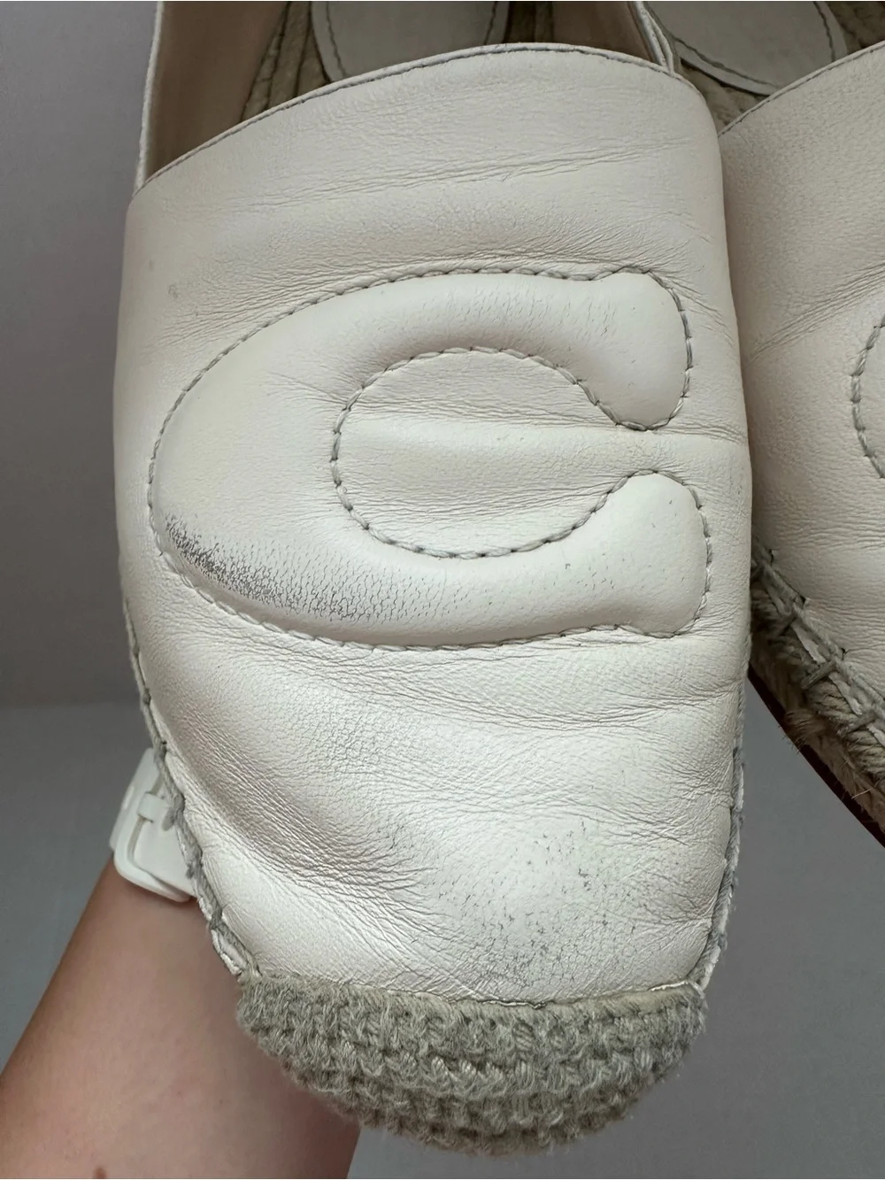 Coach Cream Leather Espadrille Flats with Quilted C Logo